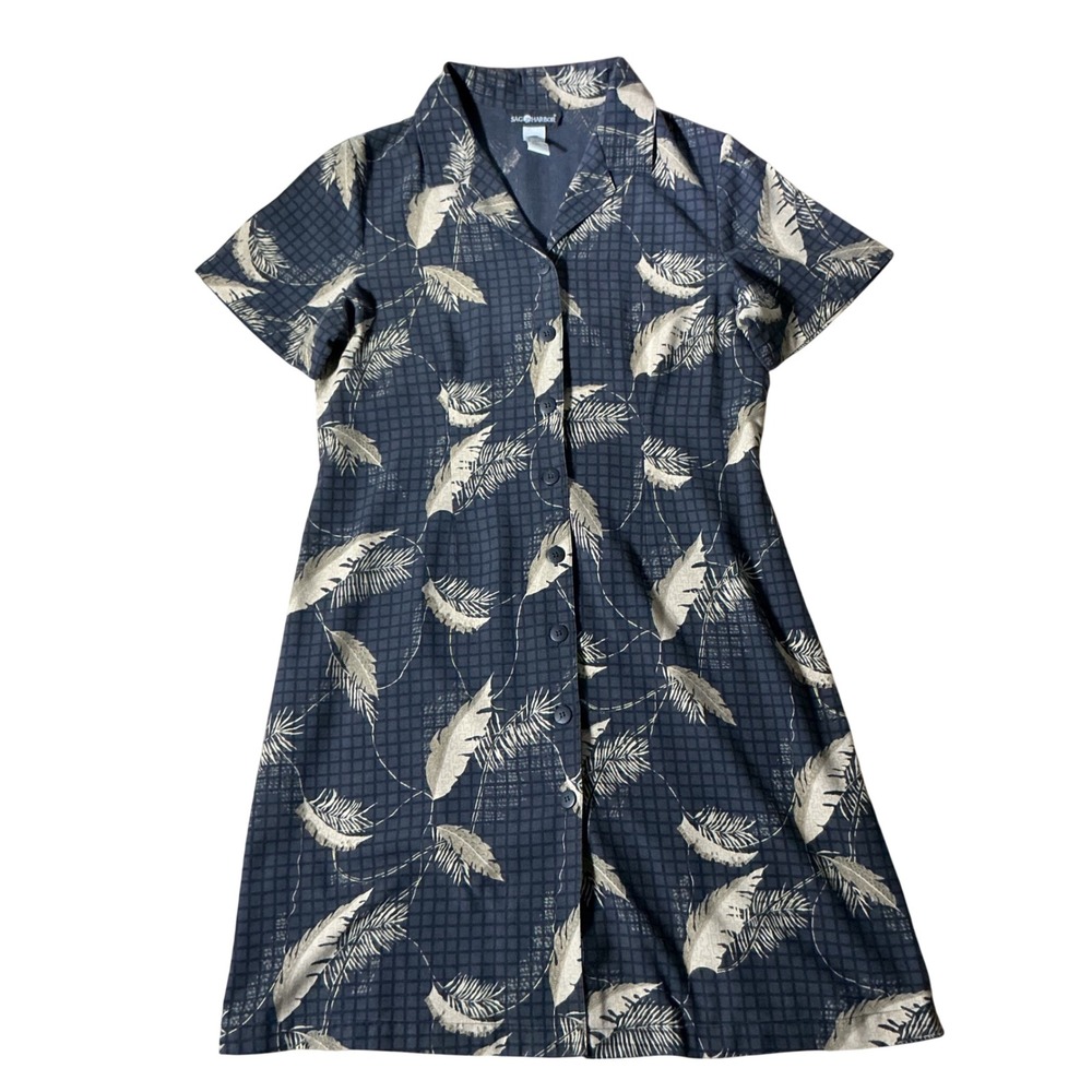 Sag Harbor Vintage Silk Tropical Leaf Dress Womens L Navy Blue Dark Academia